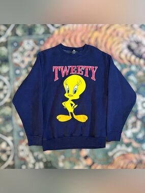 Vintage 90s Tweety Bird Graohic Sweatshirt Pullover Warner Bros Medium Blue USA